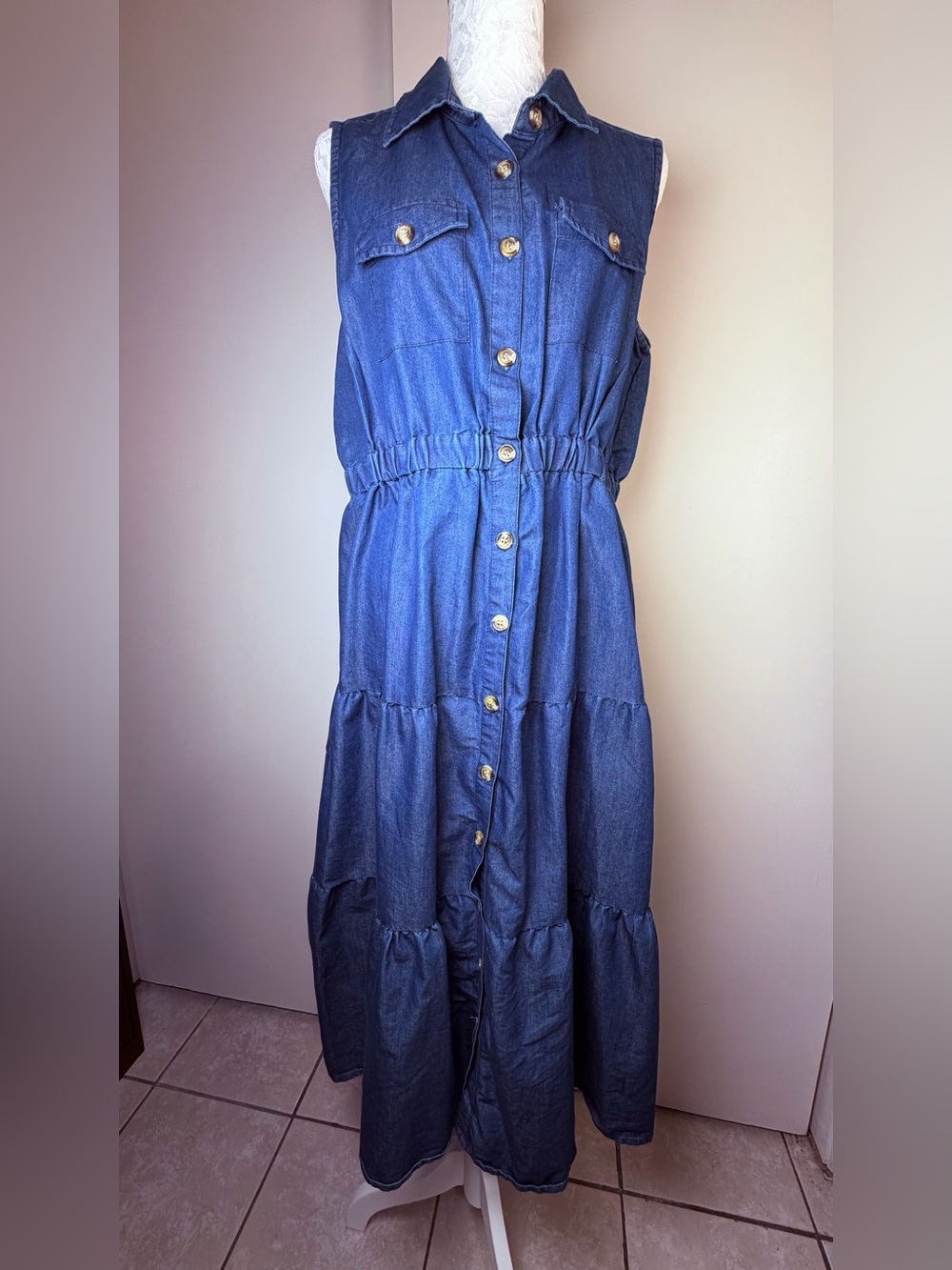 Sleeveless Denim Button-Front Maxi Dress - Blue